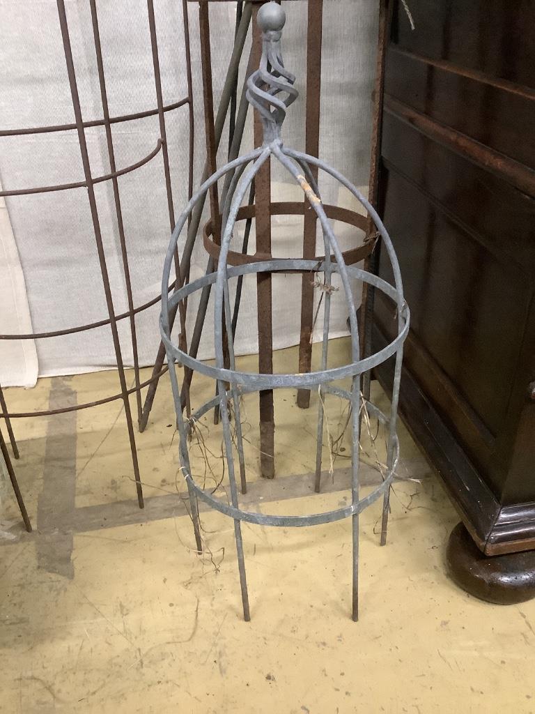 Nine assorted wrought iron growing frames and stakes, largest 148cm high